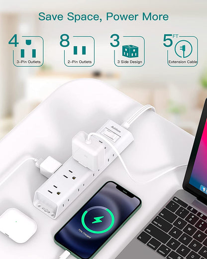 Addtam Flat Plug Power Bar, Ultra Thin Flat Extension Cord with 1050J Surge Protector, 12 Widely AC 3 Sides Multiple Outlets, 5Ft Wall Mount, Desk Charging Station for Home Office Dorm Room Essentials - Available at All In One Marketplace Canada