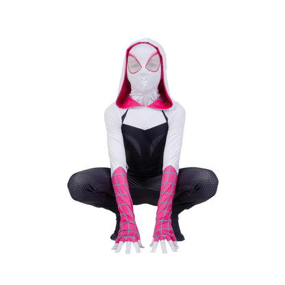 Marvel Spider-Gwen Official Youth Zentai Costume - Hooded Spandex Jumpsuit with Printed Design and Pull On Spandex Mask (S)