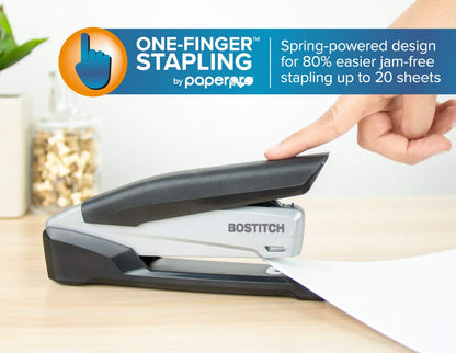 Bostitch Office Executive 3 in 1 Stapler, Includes 210 Staples and Integrated Staple Remover, One Finger Stapling, No Effort, 20 Sheet Capacity, Spring Powered Stapler, Black/Gray (INP20) Bostitch