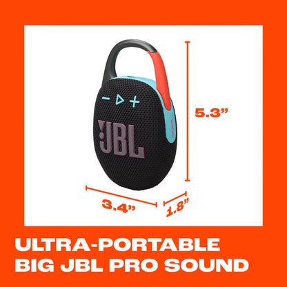 JBL Clip 5 - Ultra-Portable, Waterproof & Dustproof Bluetooth Speaker, Big Pro Sound with Punchy bass, Integrated Carabiner, Up to 12 Hours of Play, Recycled Materials (Black & Orange)
