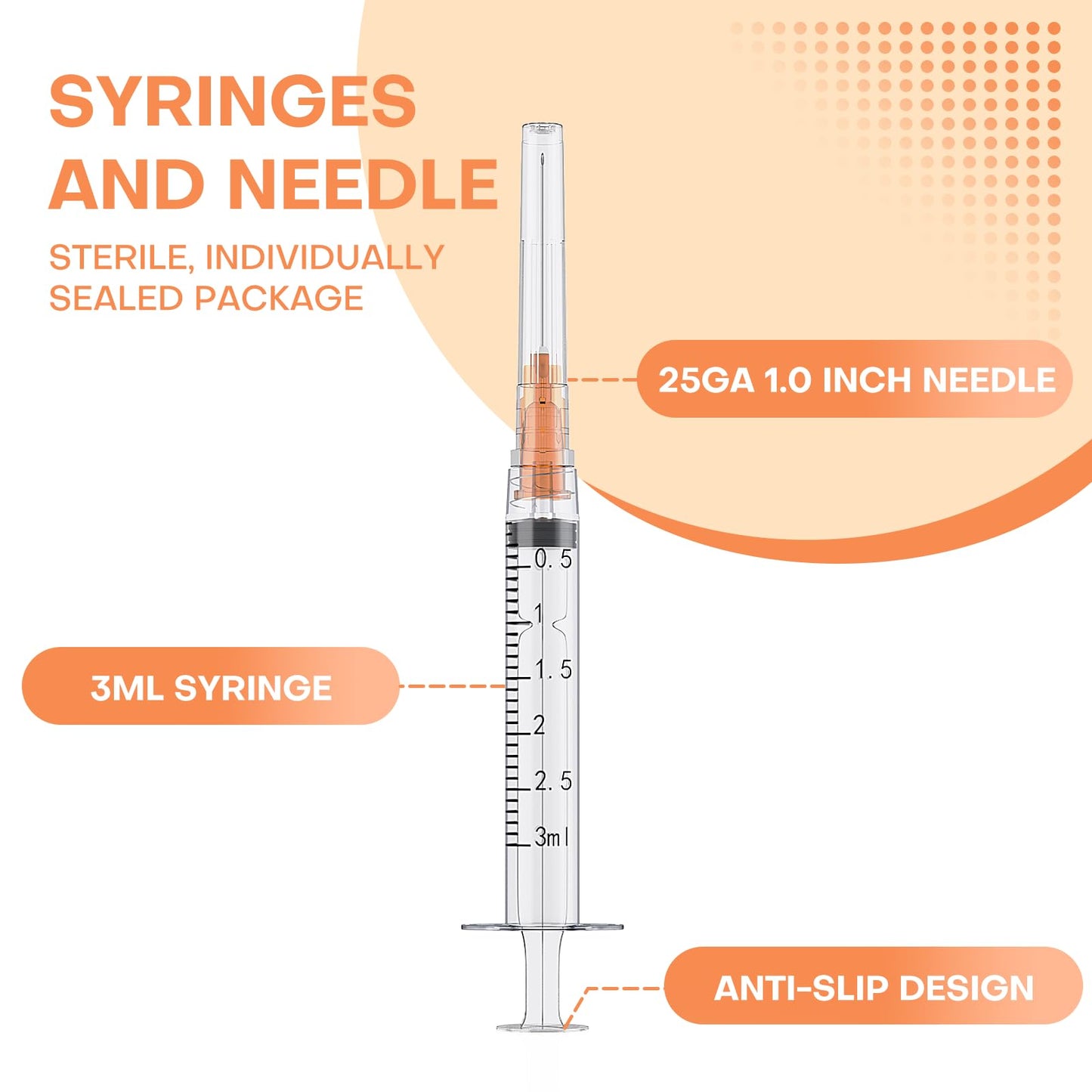 3ml Luer Lock Syringes with 25 Gauge 1 Inch Needles, Luer Lock Disposable Accessories for Lab, Pack of 25