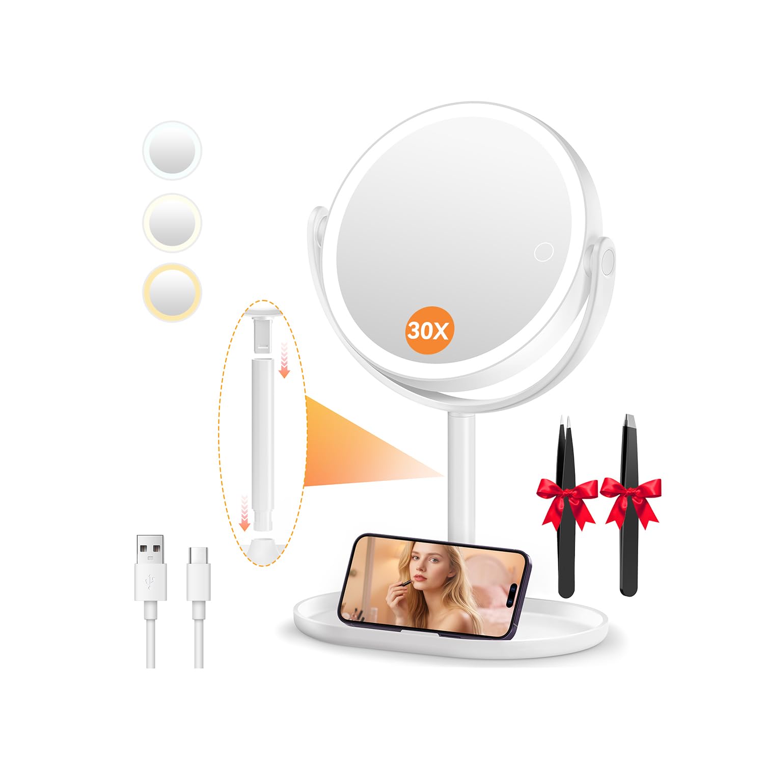 Auxmir 30X/1X Magnifying Mirror with Light, Double-Sided Makeup Mirror with Storage Base&Touch Control, Rechargeable Vanity Mirror with 360°Rotation for Dressing Table Bathroom Bedroom Travel - Available at All In One Marketplace Canada
