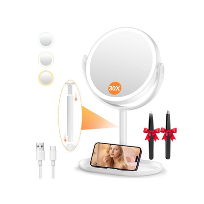 Auxmir 30X/1X Magnifying Mirror with Light, Double-Sided Makeup Mirror with Storage Base&Touch Control, Rechargeable Vanity Mirror with 360°Rotation for Dressing Table Bathroom Bedroom Travel - Available at All In One Marketplace Canada