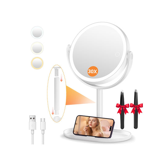 Auxmir 30X/1X Magnifying Mirror with Light, Double-Sided Makeup Mirror with Storage Base&Touch Control, Rechargeable Vanity Mirror with 360°Rotation for Dressing Table Bathroom Bedroom Travel - Available at All In One Marketplace Canada