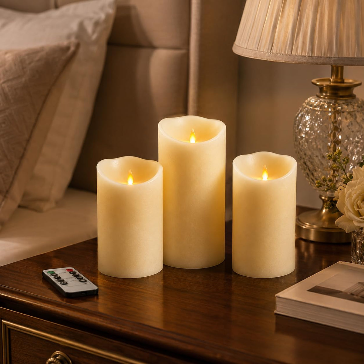 3 Pack Ivory Slant Top Flameless Candles, Real Wax Moving Flame LED Taper Candles with Remote Control, Battery Operated Flickering Candles for Home, Wedding, Christmas Holiday Decor 🍁 All In One Marketplace Canada