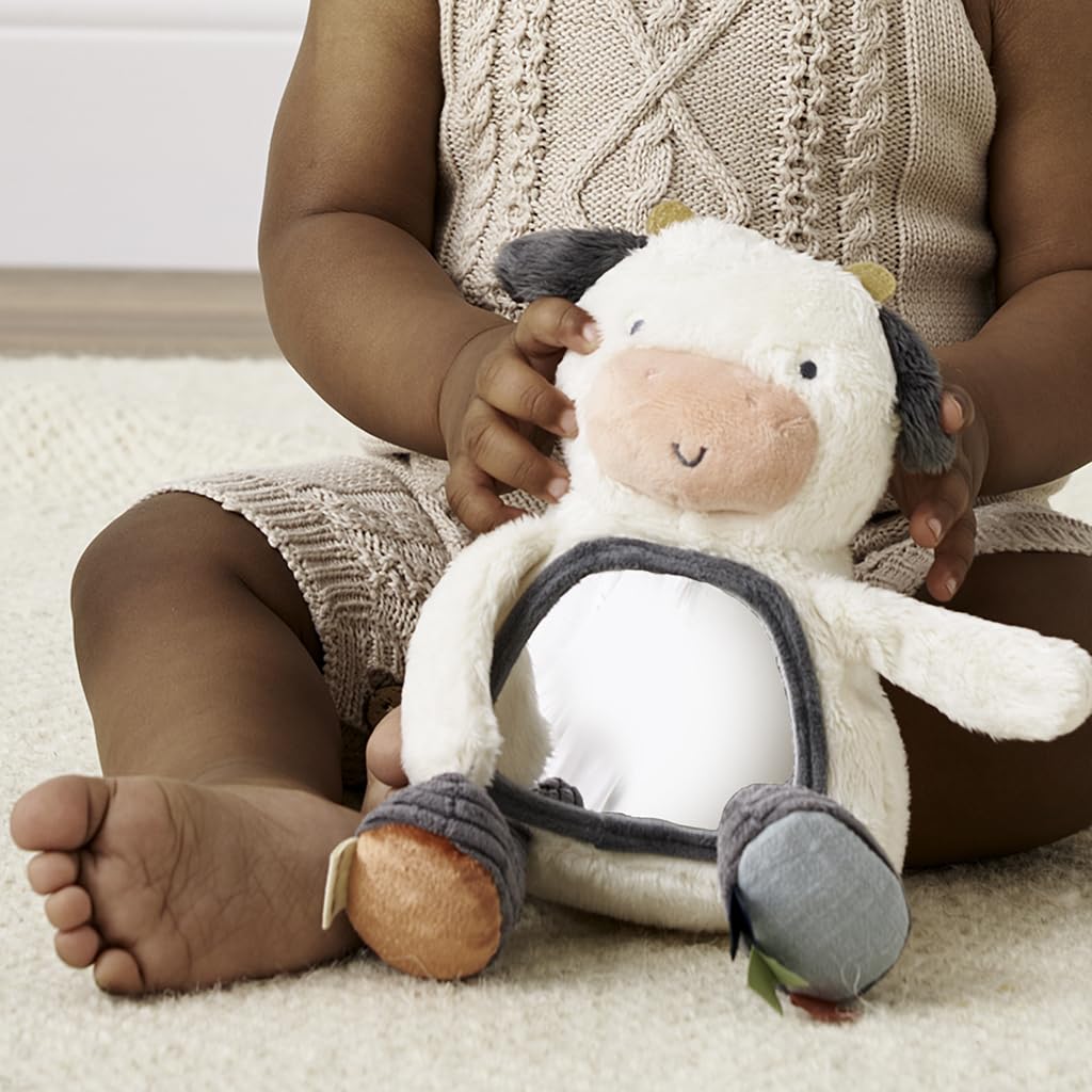 Itzy Ritzy Sensory Tummy Time Toy Mirror - Features Crinkle & Jingle Sounds, Multiple Textures and Mirror for Self-Discovery, Infant Toy For Ages 0 Months and Up, Cow Itzy Ritzy