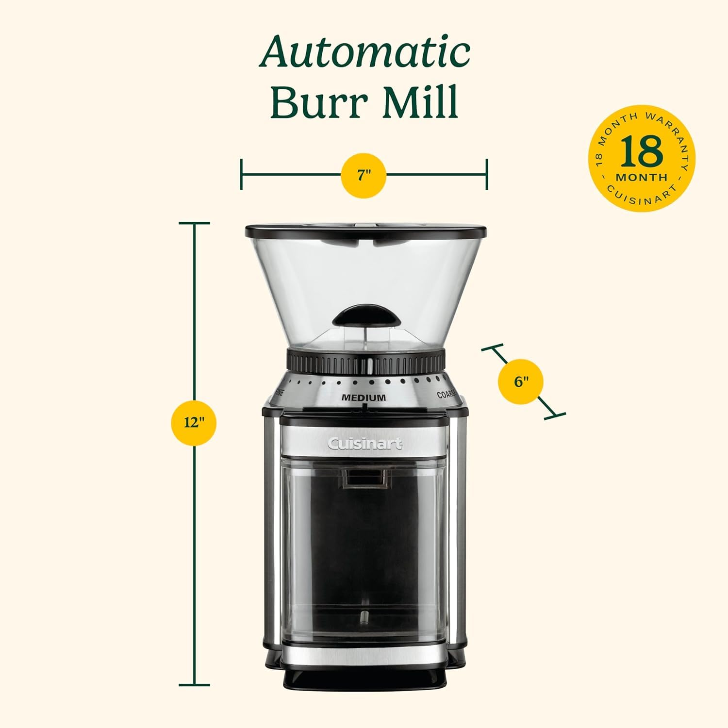 Cuisinart Electric Coffee Grinder, One-Touch Automatic Burr Coffee Grinder with 18-Position Grind Selector, Cup Size Selector for 4 – 18 Cups (DBM-8C)