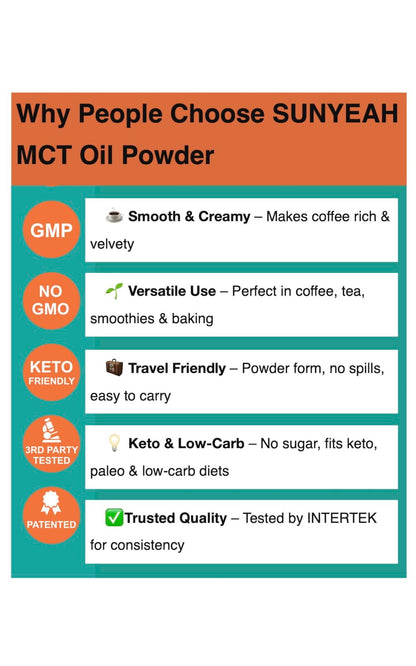SUNYEAH MCT Oil Powder – C8 C10 Coconut-Based Creamer, 300g, 70% MCT Content, Keto & Paleo Friendly, Unflavored, Non-GMO