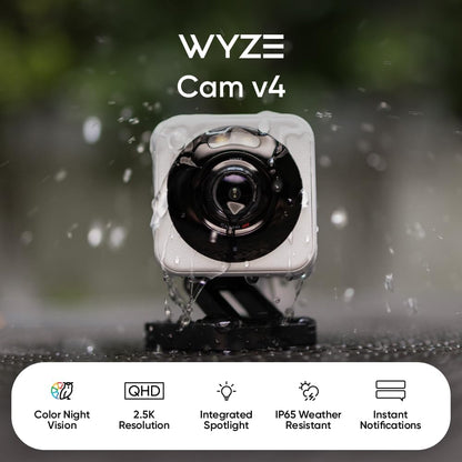 WYZE Cam v4 (Latest Model), 2.5K AI Security Camera, Indoor/Outdoor Cameras for Home Security, Vibrant Color Night Vision, No Subscription Required, Free Expert Help, Grey, 2 Pack