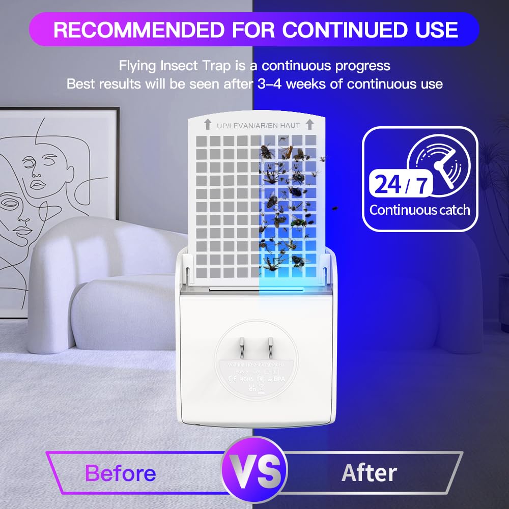 Fruit Fly Traps for Indoors, Mosquito Trap Plug in Bug Catcher with Night Light, Moth Housefly Insect Gnat Traps for House Indoor Kitchen Office - No Odor (1D+6Refills) - Available at All In One Marketplace Canada