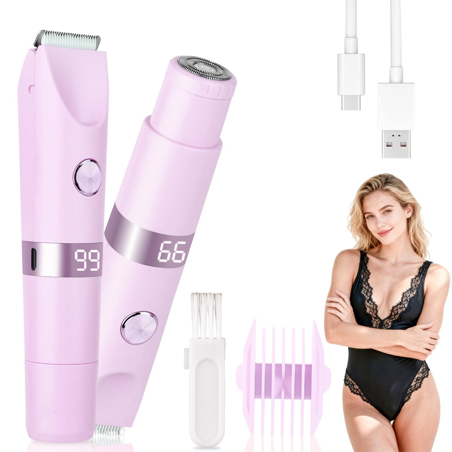 Beanify 2-in-1 Electric Shaver & Bikini Trimmer With LED Display for Women & Men，IPX7 Waterproof Wet/Dry Electric Razor With Dual Head , Rechargeable Painless Body & Facial Hair Remover, Travel-Size (Purple) - Available at All In One Marketplace Canada
