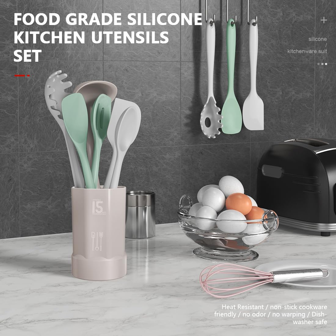 Silicone Cooking Utensils Set - 446°F Heat Resistant Silicone Kitchen Utensils,Spatula,Spoon, All Clad Kitchen Utensil Sets Gadgets Tools for Nonstick Cookware,Dishwasher Safe BPA Free (Multicolor)