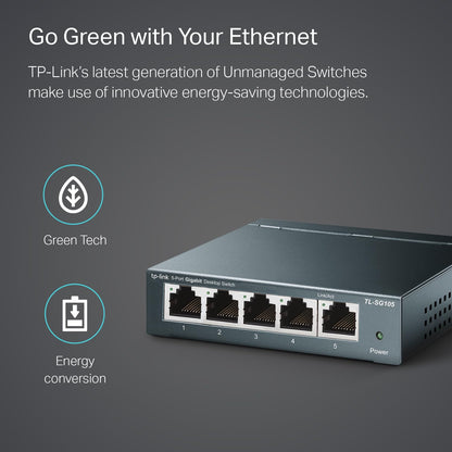 TP-Link TL-SG105 5 Port Gigabit Unmanaged Ethernet Network Switch, Ethernet Splitter, Plug and Play, Fanless Metal Design, Shielded Ports, Traffic Optimization, Limited Lifetime Protection,Black