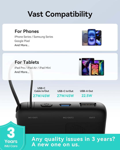 INIU 45W Power Bank, Slimmest 10000mAh Portable Charger with Built in USB C Cable, Fast Charging USB C in&Out Battery Pack, Travel External Phone Charger for iPhone 17 16 15 Samsung S25 S24 iPad etc