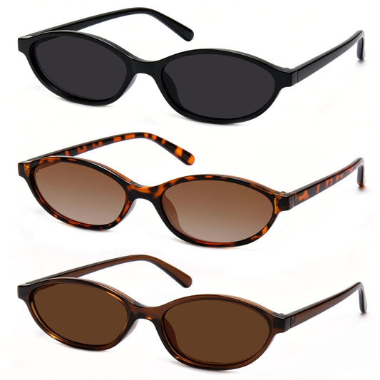 Retro Oval Cat Eye Sunglasses for Women 90s Trendy Small Lightweight Y2k Narrow Sunnies Cateye UV400 Sun Glasses 8057 Black+Brown+Tortoise