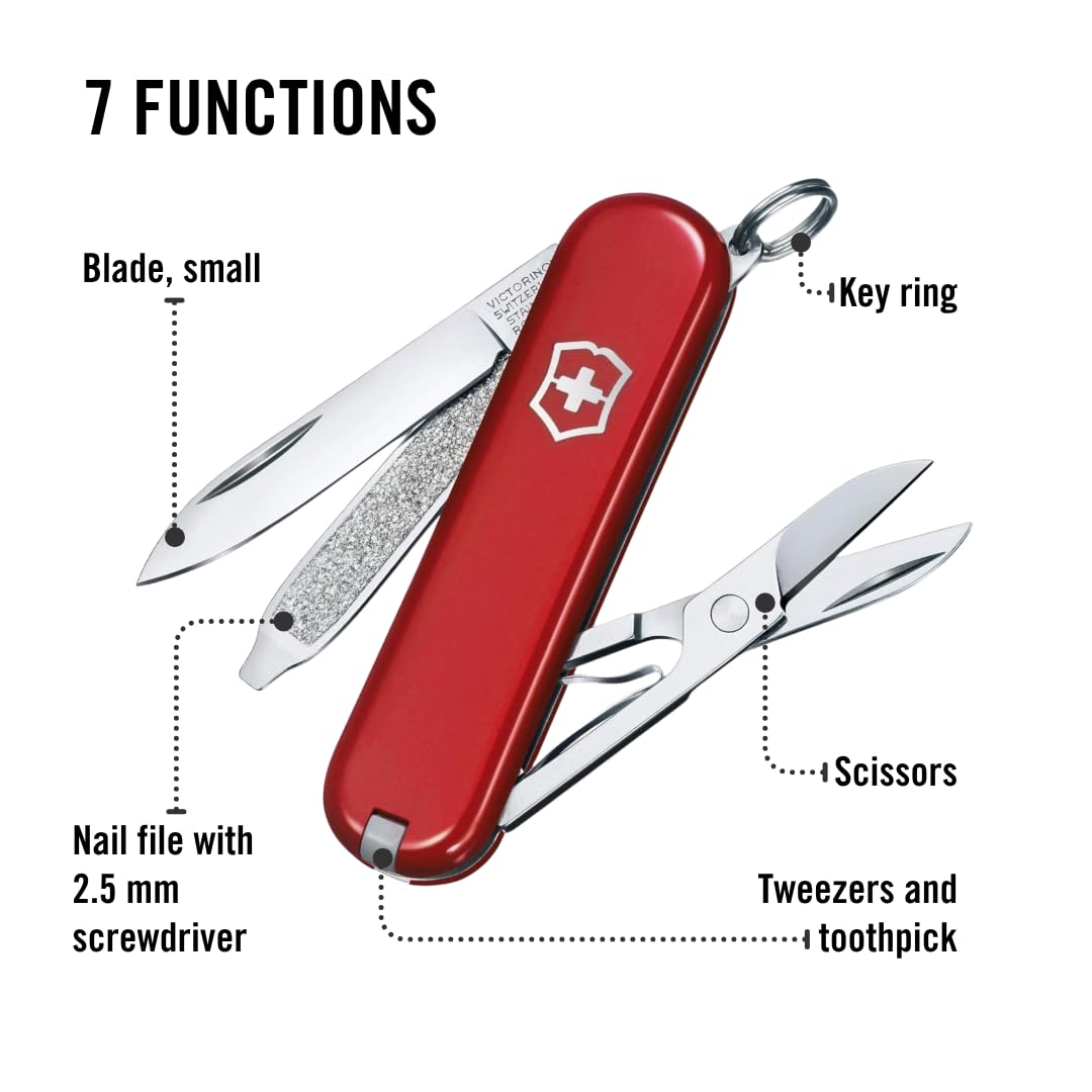 Victorinox Classic SD Swiss Army Knife, Compact, 7 Functions, Swiss Made Pocket Knife with Small Blade, Screwdriver and Key Ring - Style Icon (Red) Victorinox