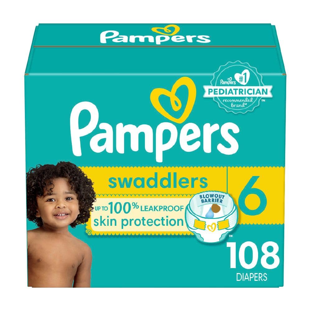 Pampers Swaddlers Diapers, Size 6 (23-44 lbs), 108 Count, Absorbent, Keeps Baby Dry and Comfortable, Skin Safe Disposable Baby Diaper