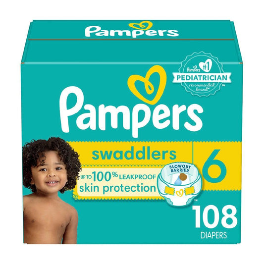 Pampers Swaddlers Diapers, Size 6 (23-44 lbs), 108 Count, Absorbent, Keeps Baby Dry and Comfortable, Skin Safe Disposable Baby Diaper