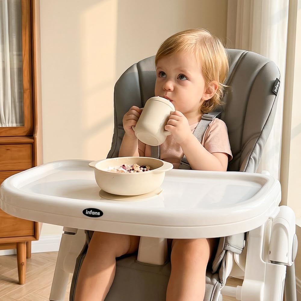 INFANS High Chair for Babies & Toddlers, Foldable Highchair with Multiple Adjustable Backrest, Footrest and Seat Height, Removable Tray, Detachable PU Leather Cushion, Built-in Rear Wheels (Grey) 🍁 All In One Marketplace Canada