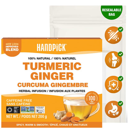 HANDPICK, Turmeric Ginger Tea, 100 Eco-Conscious Tea Bags | Caffeine Free, Gluten Free | 100% Pure Herbal Blend - Savory & Spicy | Curcumin | Packed in Eco-Friendly Tea Bags