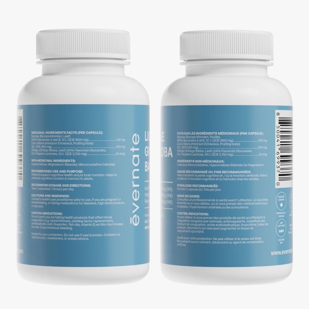 ALL-IN-ONE Lion's Mane 1,600 mg with Ginkgo Biloba 5,500 mg & Bacopa Monnieri 3,600 mg (Per Serving: 2 Capsules) – 3-in-1 Memory, Focus & Cognitive Support – 60 Vegan Capsules – Made in Canada - Available at All In One Marketplace Canada