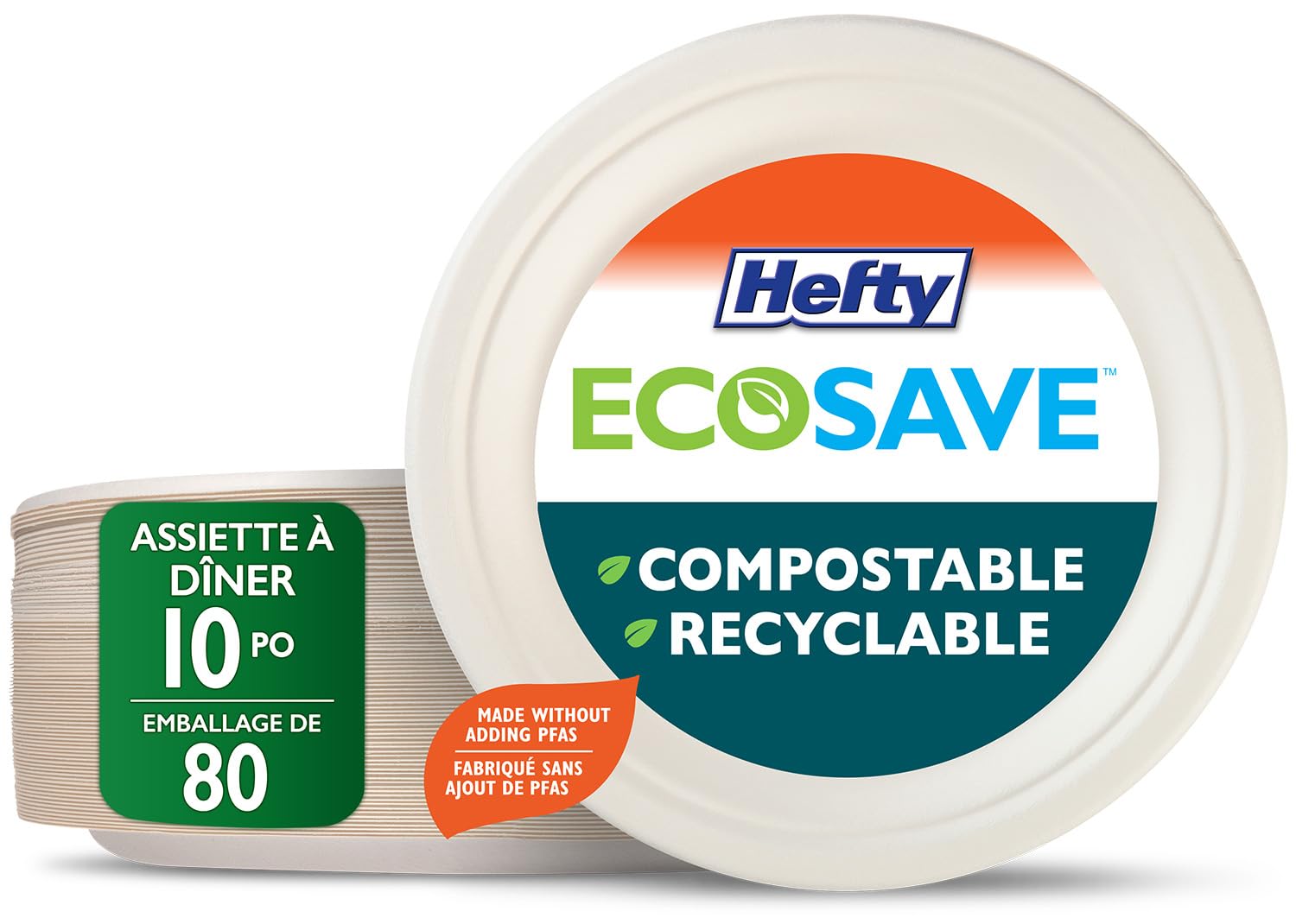 Hefty ECOSAVE Compostable Disposable Paper Plates Dinner 10", 80 Count - Available at All In One Marketplace Canada