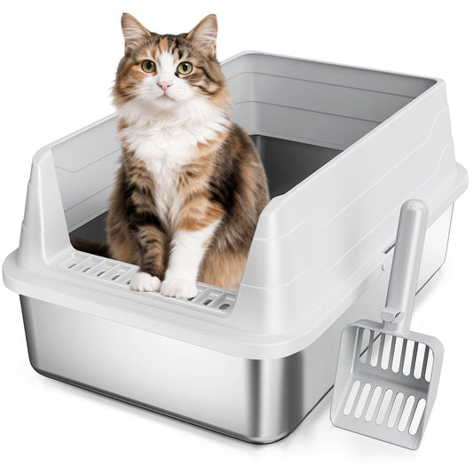 Stainless Steel Cat Litter Box, Odor Free Metal Litter Box with High Sides Lid, Open Top Low Entry Litter Pan Include Scoop Easy Cleaning Anti-Scratch Kitty Cat Box Anti-Urine Leakage, Non-Sticky - Available at All In One Marketplace Canada