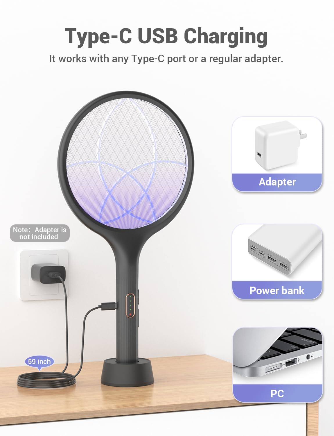 YISSVIC Bug Zapper Racket Electric Fly Swatter Fly Zapper Indoor Outdoor Rechargeable (Black-2 Piece)