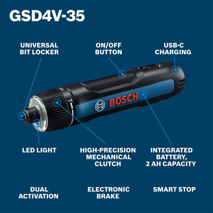 Bosch GSD4V-35 4V Max USB-C Rechargeable Screwdriver - Compact Design, Dual Activation, Universal Bit Locker, 8 Torque Settings, LED Worklight