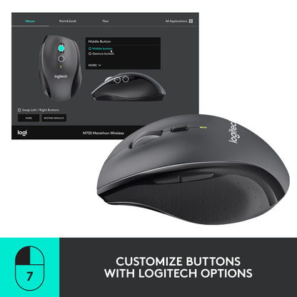 Logitech M705 Marathon Full Size 2.4 GHz Wireless Mouse - Black