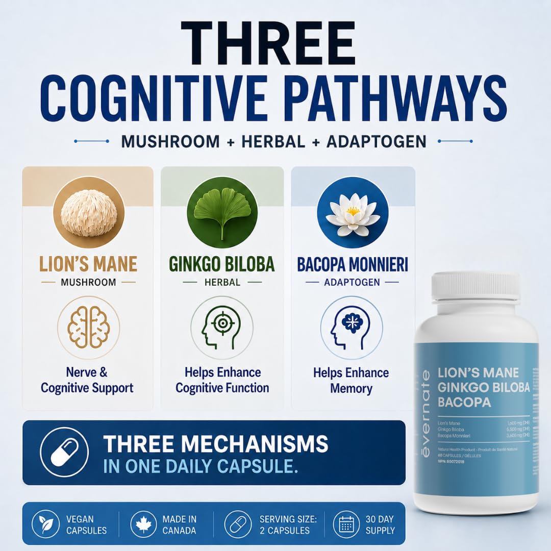 ALL-IN-ONE Lion's Mane 1,600 mg with Ginkgo Biloba 5,500 mg & Bacopa Monnieri 3,600 mg (Per Serving: 2 Capsules) – 3-in-1 Memory, Focus & Cognitive Support – 60 Vegan Capsules – Made in Canada - Available at All In One Marketplace Canada