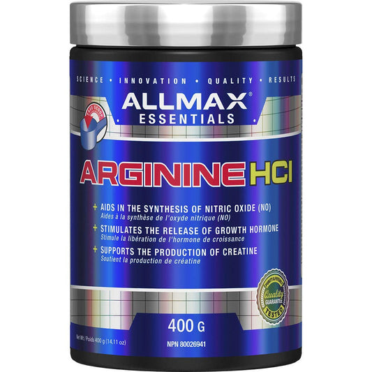 Poudre d'Arginine HCL ALLMAX, sans arôme, 400 g, 200 portions
