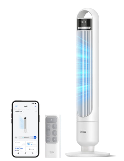 DREO Smart Tower Fan for Bedroom, 90° Oscillating Standing Fans for Room with 4 Speeds, 4 Modes, 25dB Quiet for Sleep, 25ft/s Velocity, 8H Timer, Remote/App/Voice Control for Living Room, Office, Home