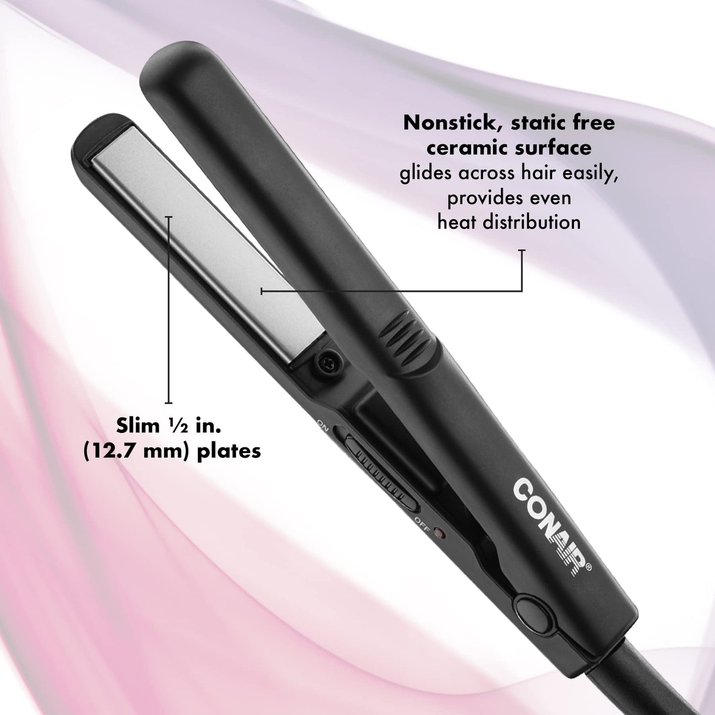 Conair Mini Pro CS80XAC 1/2-Inch Hair Straightener, 56°F (180°C) High Heat, Dual Voltage, 13mm Flat Iron, Black, Travel flat iron Conair