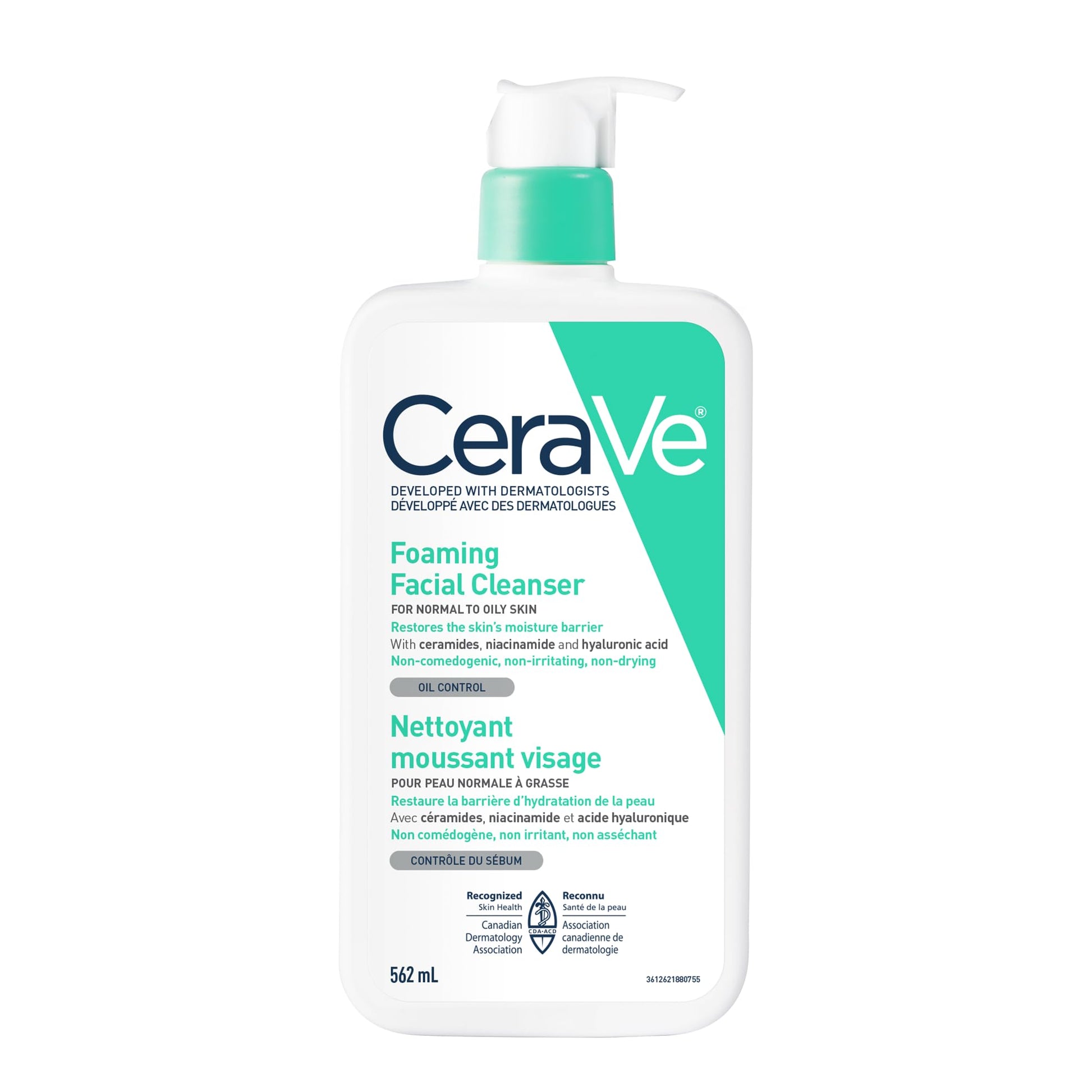 CeraVe Foaming Face Wash, Gel Face Cleanser for Normal to Oily Skin, Removes Excess Oil & Dirt, with Hyaluronic Acid, Niacinamide & Ceramides, Fragrance-Free, Recommended by Dermatologists, 562mL