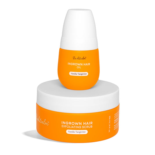 Bushbalm Ingrown Hair and Razor Bumps 2-Step Routine - Moisturize and Calm - Ingrown Hair Oil (30 ml) and Exfoliating Scrub (236 ml) - Vanilla Tangerine - Available at All In One Marketplace Canada