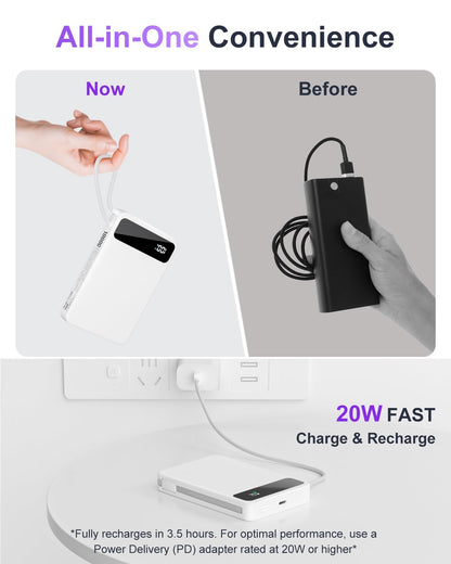 Magnetic Power Bank, 10,000mAh Wireless Portable Charger for Mag-Safe 15W Fast Charging, Battery Pack with USB-C/Lightning Cable 22.5W in/Out for iPhone 17/16/15/14/13/12 Series, AirPods & More - Available at All In One Marketplace Canada