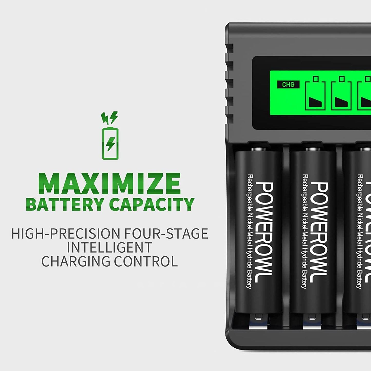POWEROWL AA AAA Rechargeable Battery Charger, 4 Bay LCD Smart Battery Charger for Ni-MH AA AAA Rechargeable Batteries, Independent Slot & USB Fast Charging