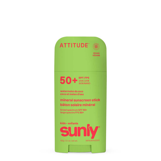 ATTITUDE Kids Mineral Sunscreen Stick SPF 50, Broad Spectrum Zinc Oxide, EWG Verified, Non-Nano, Mess-Free Stick for Face & Body, Lightweight Non-Greasy, Vegan, Watermelon & Coco Scent, 60 grams