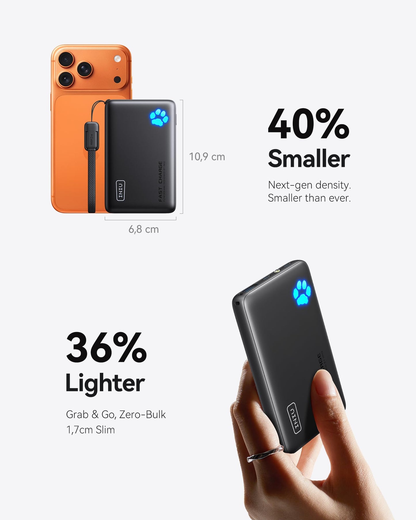 INIU Power Bank, 40% Smaller 10000mAh Portable Charger, 45W Ultra Fast Charging Powerbank with Detachable USB C Cable, Flight-Safe Travel External Battery Pack for iPhone 17 16 Samsung Google iPad etc - Available at All In One Marketplace Canada