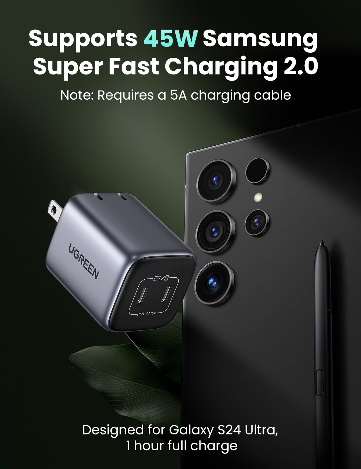 UGREEN Nexode 45W USB C Charger Block, GaN PPS Dual Port USB C Fast Charger Super Fast Charge 2.0 Wall Plug Compatible with Galaxy S26 S25 S24 Ultra S23 A54, iPhone 17 16 Pro Max, iPad, Pixel 10 9 8