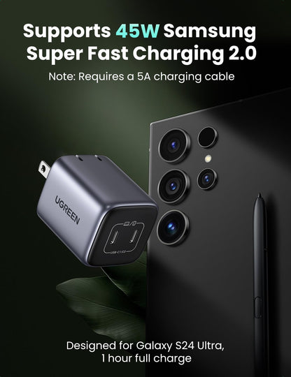 UGREEN Nexode 45W USB C Charger Block, GaN PPS Dual Port USB C Fast Charger Super Fast Charge 2.0 Wall Plug Compatible with Galaxy S26 S25 S24 Ultra S23 A54, iPhone 17 16 Pro Max, iPad, Pixel 10 9 8