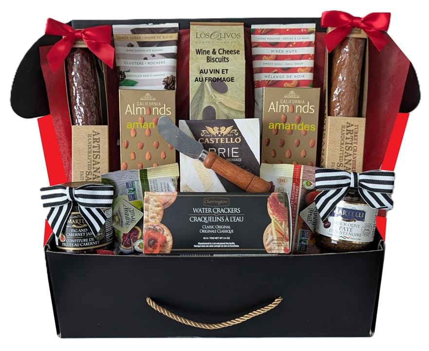 Deluxe Charcuterie & Cheese Gift Basket. Inside this beautiful box you will find: European Inspired Artisanal Salami and Merlot Salami, Creamy Danish Brie, Black Olive Pate, Wine Infused Jam, Mixed Nuts, Almonds, Figs, Apricots, Cheese Biscuits and Water