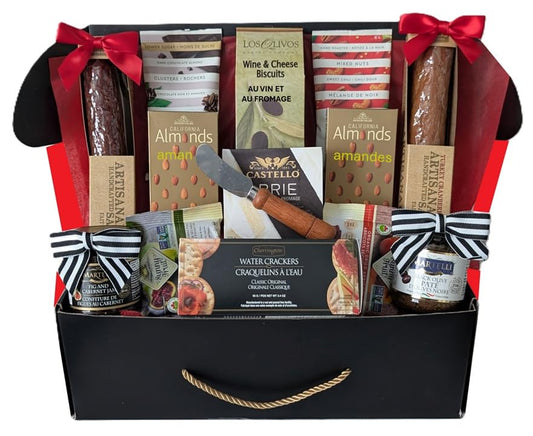 Deluxe Charcuterie & Cheese Gift Basket. Inside this beautiful box you will find: European Inspired Artisanal Salami and Merlot Salami, Creamy Danish Brie, Black Olive Pate, Wine Infused Jam, Mixed Nuts, Almonds, Figs, Apricots, Cheese Biscuits and Water