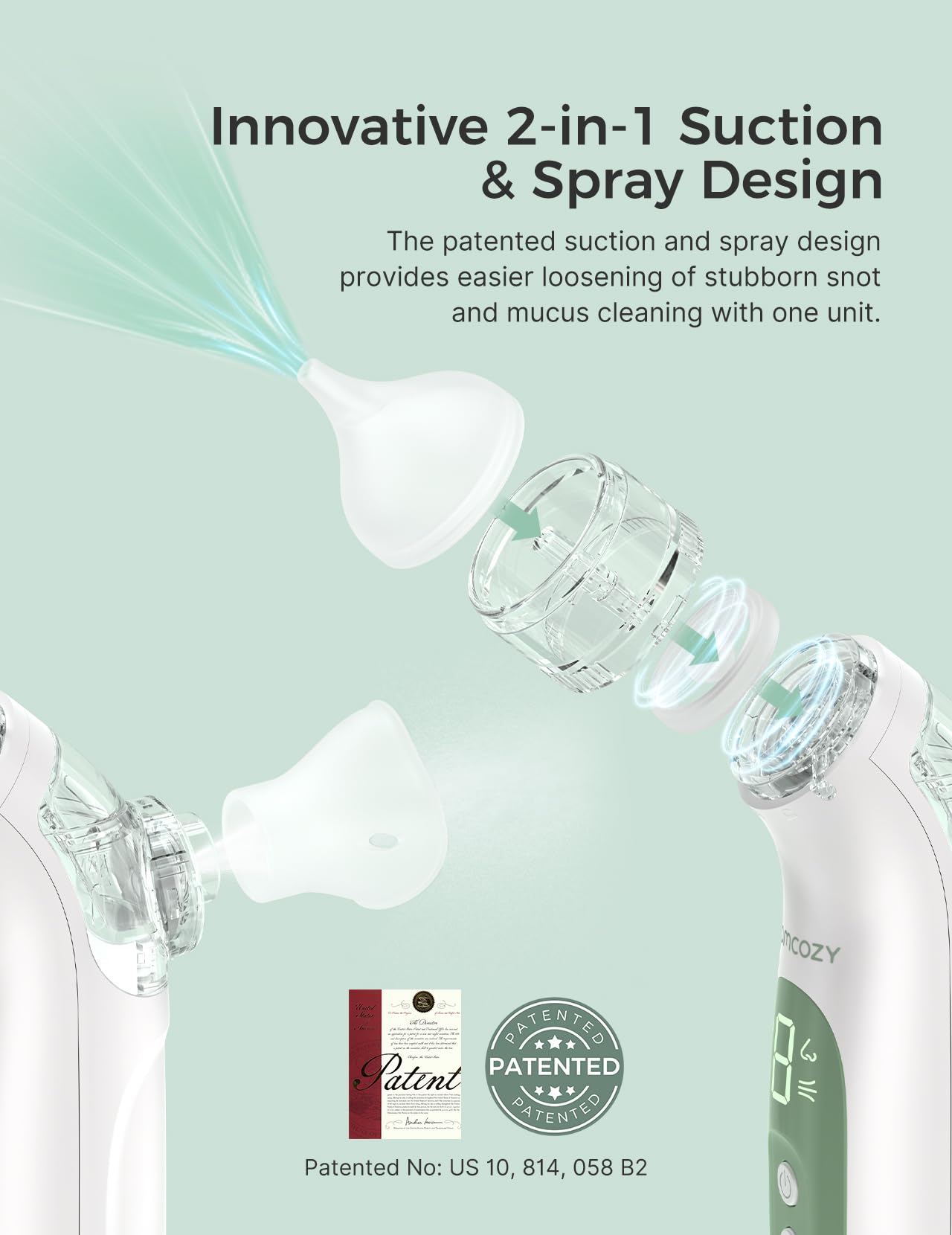 Momcozy BreezyClear™ Aspirateur nasal électrique 2-en-1 avec spray et aspiration pour bébé, 4 niveaux d'aspiration réglables jusqu'à 65kPa (qualité hospitalière), nettoyeur de nez silencieux et portable avec lumière apaisante et musique