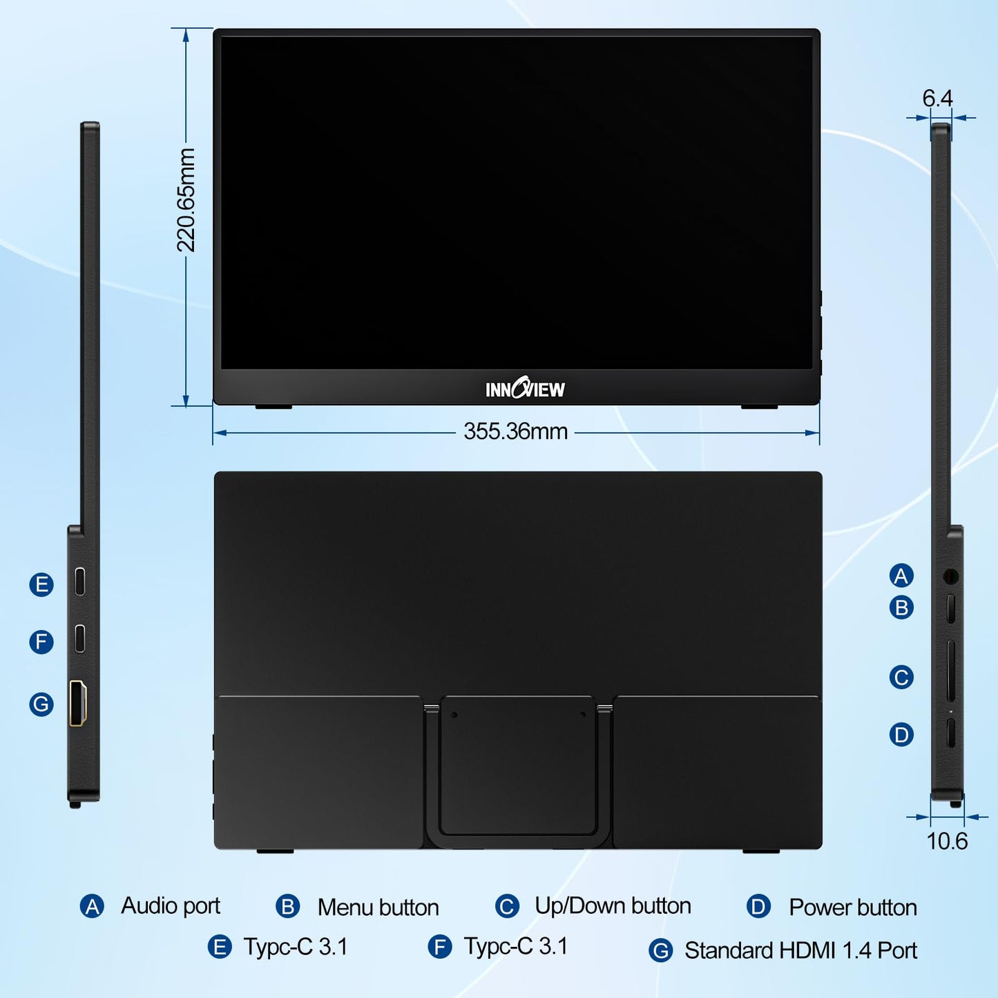 InnoView Portable Monitor 15.6" 1080P Portable Monitor for Laptop with Protective Sleeve Built-in 90° Adjustable Stand USB C HDMI Ultra-Slim Laptop Screen Extender for MacBook Phone PS Xbox Switch