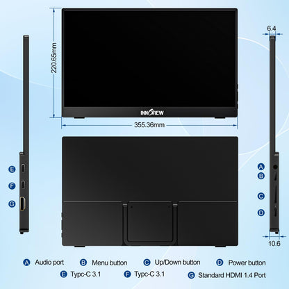 InnoView Portable Monitor 15.6" 1080P Portable Monitor for Laptop with Protective Sleeve Built-in 90° Adjustable Stand USB C HDMI Ultra-Slim Laptop Screen Extender for MacBook Phone PS Xbox Switch