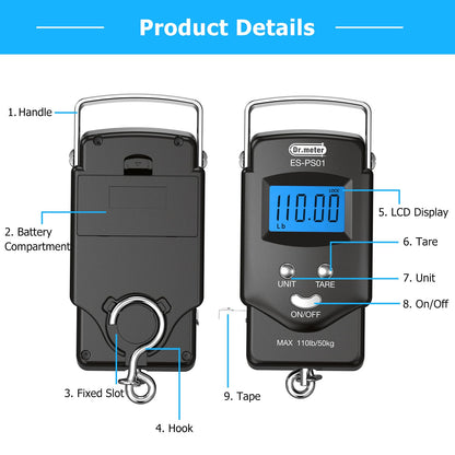 Fish Scale, Dr.meter 110lb/50kg Backlit LCD Display Digital Scale with Built-in Measuring Tape - Electronic Fishing Postal Hanging Hook Scale with 2 AAA Batteries, Pocket Size, Fishing Gifts for Man - Available at All In One Marketplace Canada