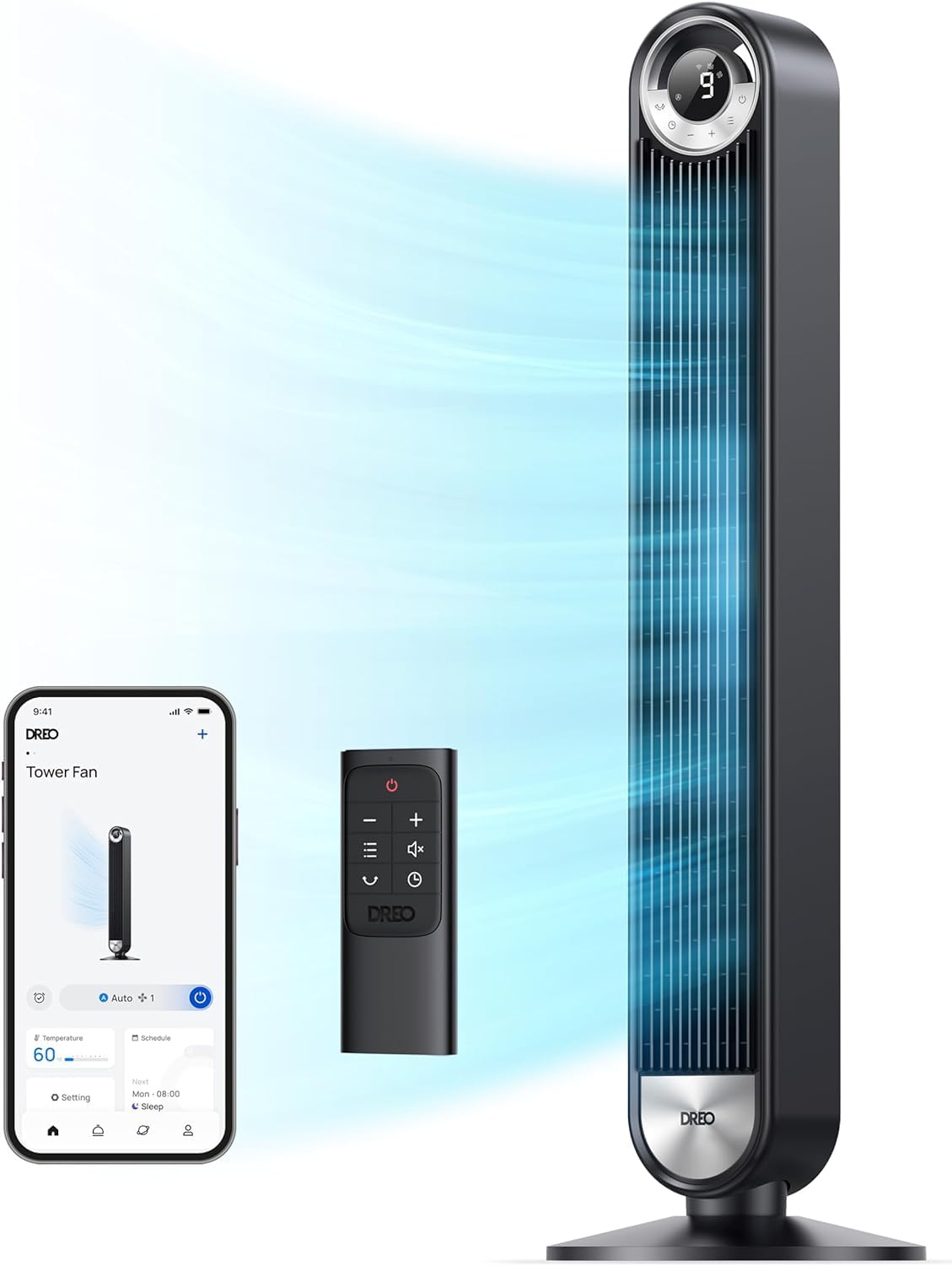 DREO Smart Tower Fan for Bedroom, Upgraded DC 9 Speeds 20dB Ultra-Quiet Floor Fan, 90° Oscillating Fans with 28ft/s Velocity, 12H Timer, Standing Fan, Bladeless Fan Powerful for Home Office Room - Available at All In One Marketplace Canada