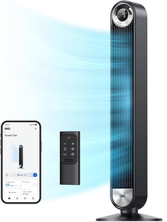 DREO Smart Tower Fan for Bedroom, Upgraded DC 9 Speeds 20dB Ultra-Quiet Floor Fan, 90° Oscillating Fans with 28ft/s Velocity, 12H Timer, Standing Fan, Bladeless Fan Powerful for Home Office Room - Available at All In One Marketplace Canada